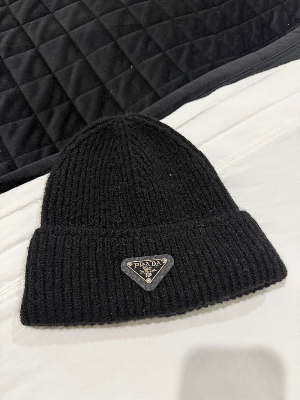 Black Ribbed Wool Cuff Beanie with Triangle Logo